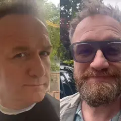Bartłomiej Kasprzykowski w dwóch odsłonach: bez zarostu i w okularach z brodą.