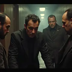 Aktorzy z filmu "Jak zostałem gangsterem" w mrocznym korytarzu.