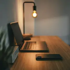 Biurko z laptopem, telefonem i głośnikiem. Idealne miejsce do pracy na pełny etat, gdzie technologia wspiera kreatywność.