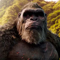Kong, jeden z bohaterów filmu "Godzilla vs Kong", na tle bujnej, zielonej dżungli.