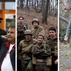 Trzy sceny z filmu: żołnierze w mundurach, grupa mężczyzn w lesie i mężczyzna w kurtce pod jabłonią.