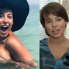Aktorka Anna Mucha w wodzie w kapeluszu i jako młoda dziewczyna.