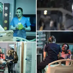 Sceny z serialu "Sortownia": lekarze i pielęgniarki w akcji, pacjenci na noszach, młoda kobieta w chustce.