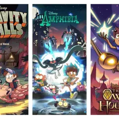 Plakaty seriali: "Gravity Falls" z Mabel i Dipperem, "Amphibia" z bohaterami w mieście, "The Owl House" z Luz i Eda.