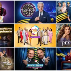 Kolaż z programami: Kabaret K2, Milionerzy, Nasz Nowy Dom, Kwantowe Okazje, Przyjaciółki, Dancing with the Stars, Młodzi i Moralni, Twoja Twarz Brzmi Znajomo. Constantin Entertainment TVN.