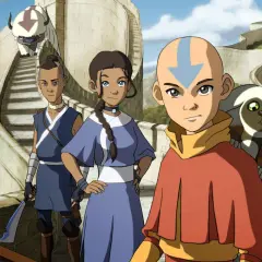 Aang, Sokka i Katara na murze, z Appą i Momo. Avatar: Legenda Aanga film 2026.