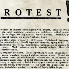 PROTEST!" - nagłówek dokumentu opisującego okrucieństwa w getcie warszawskim. Tekst wspomina o tysiącach skazańców, egzekucjach i brutalnym ładowaniu ludzi do wagonów, jak w jakimś tragicznym, francuskim suicie.
