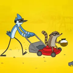 Mordechaj i Rigby z **zwyczajny serial** koszą trawnik, podczas gdy Rigby pije kawę.