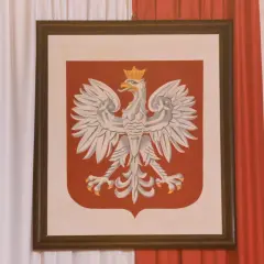 Orzeł Biały w koronie na czerwonej tarczy, symbol Polski. W tle biało-czerwone zasłony. Jakoś to będzie, nawet w trudnych czasach.