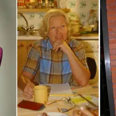 Trzy ujęcia: blondynka w różowej bluzce, starsza pani w kratę przy kuchennym stole, młody mężczyzna w pomarańczowej bluzie. Aktorzy na wspólnej scenie.
