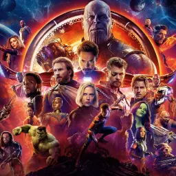 Plakat MCU z Thanosem i Avengersami. Bohaterowie z różnych filmów MCU zbierają się do walki.
