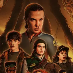 Grupa bohaterów z Stranger Things, w tym Eleven, gotowa do walki z potworem z Drugiej Strony.