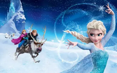 Elsa tworzy magiczne wzory w powietrzu, podczas gdy Anna, Kristoff i Sven pędzą przez **frozen** krainę.