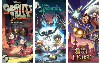 Plakaty seriali: "Gravity Falls" z Mabel i Dipperem, "Amphibia" z bohaterami w mieście, "The Owl House" z Luz i Eda.
