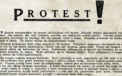 PROTEST!" - nagłówek dokumentu opisującego okrucieństwa w getcie warszawskim. Tekst wspomina o tysiącach skazańców, egzekucjach i brutalnym ładowaniu ludzi do wagonów, jak w jakimś tragicznym, francuskim suicie.