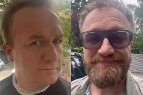 Bartłomiej Kasprzykowski w dwóch odsłonach: bez zarostu i w okularach z brodą.