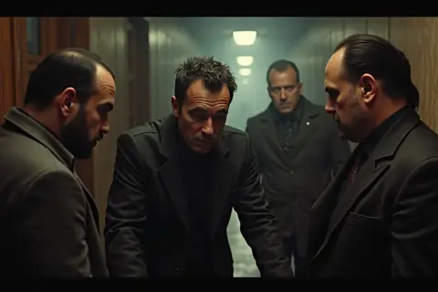 Aktorzy z filmu "Jak zostałem gangsterem" w mrocznym korytarzu.
