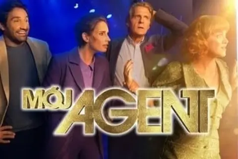 Cztery osoby patrzą w różne strony, szukając odpowiedzi na pytanie: gdzie jest mój agent? Napis "Mój Agent" błyszczy złotem.