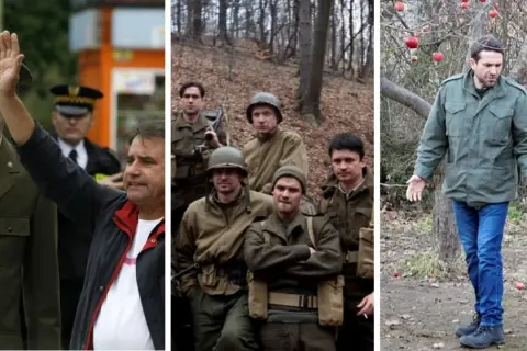 Trzy sceny z filmu: żołnierze w mundurach, grupa mężczyzn w lesie i mężczyzna w kurtce pod jabłonią.