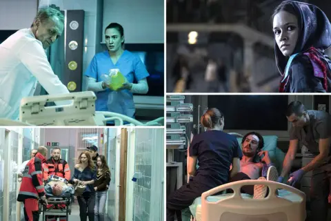Sceny z serialu "Sortownia": lekarze i pielęgniarki w akcji, pacjenci na noszach, młoda kobieta w chustce.