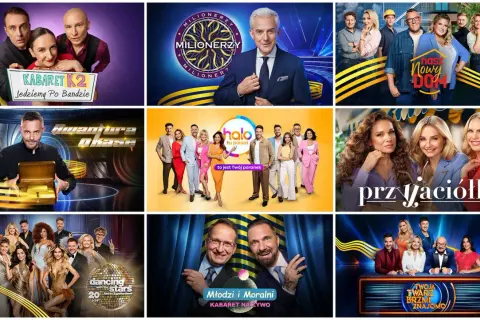 Kolaż z programami: Kabaret K2, Milionerzy, Nasz Nowy Dom, Kwantowe Okazje, Przyjaciółki, Dancing with the Stars, Młodzi i Moralni, Twoja Twarz Brzmi Znajomo. Constantin Entertainment TVN.
