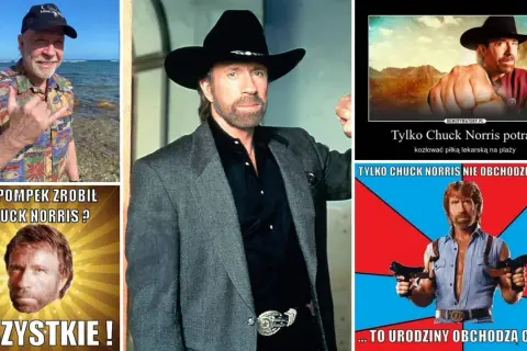 Chuck Norris, strażnik Teksasu, w różnych memach. Na jednym robi pompki, na innym kozłuje piłkę lekarską.