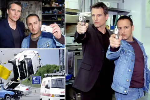 Kobra Oddział Specjalny: dwaj agenci z pistoletami, wypadek samochodowy i warsztat.
