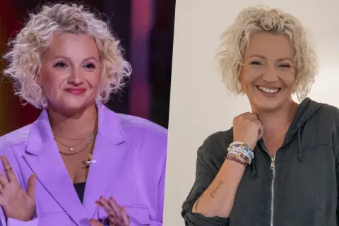 Uśmiechnięta kobieta z blond lokami, w fioletowej marynarce i szarej bluzie. Dowiedz się, jak zagrać w ukrytej prawdzie, odkrywając jej historie.
