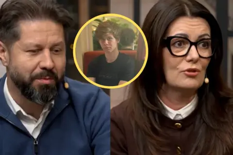 Damian Kret z rodzicami, na zdjęciu jego rodzice i on sam w okręgu.