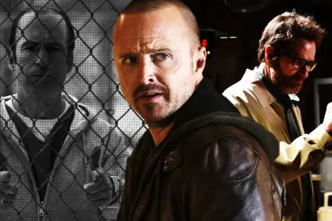 Jesse Pinkman w centrum, obok Walter White. Po lewej Saul Goodman za kratami.