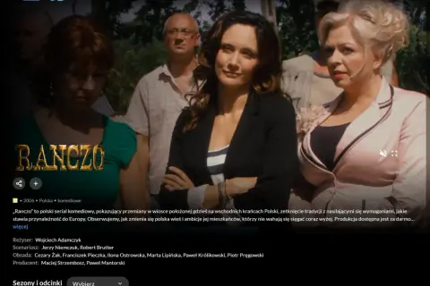 Trzy kobiety i mężczyzna na tle zieleni. Tytuł serialu "Ranczo" błyszczy złotem.