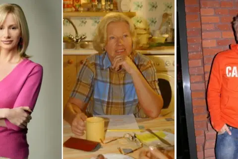 Trzy ujęcia: blondynka w różowej bluzce, starsza pani w kratę przy kuchennym stole, młody mężczyzna w pomarańczowej bluzie. Aktorzy na wspólnej scenie.