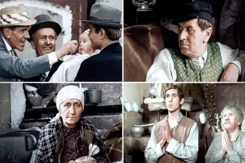Sceny z filmu "Kochaj albo rzuć": mężczyźni z dzieckiem, rolnik, starsza kobieta i dwaj modlący się panowie.