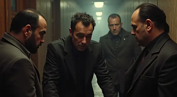 Aktorzy z filmu "Jak zostałem gangsterem" w mrocznym korytarzu.