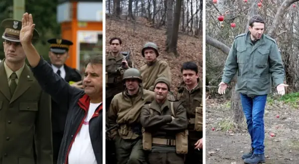 Trzy sceny z filmu: żołnierze w mundurach, grupa mężczyzn w lesie i mężczyzna w kurtce pod jabłonią.