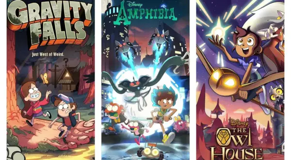 Plakaty seriali: "Gravity Falls" z Mabel i Dipperem, "Amphibia" z bohaterami w mieście, "The Owl House" z Luz i Eda.