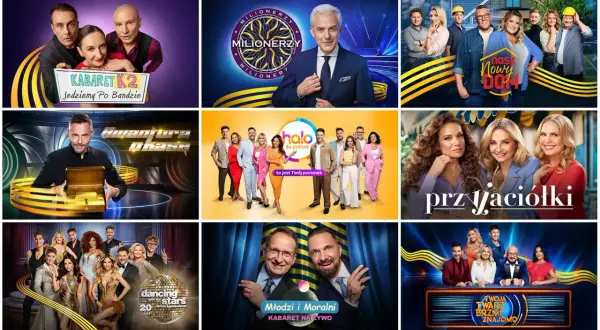 Kolaż z programami: Kabaret K2, Milionerzy, Nasz Nowy Dom, Kwantowe Okazje, Przyjaciółki, Dancing with the Stars, Młodzi i Moralni, Twoja Twarz Brzmi Znajomo. Constantin Entertainment TVN.
