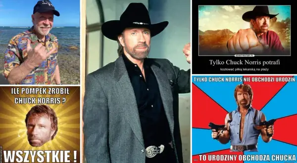 Chuck Norris, strażnik Teksasu, w różnych memach. Na jednym robi pompki, na innym kozłuje piłkę lekarską.