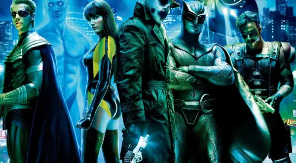 Strażnicy Watchmen: obsada w pełnej krasie. Rorschach, Nocny Puchacz, Doktor Manhattan i inni bohaterowie w mrocznym klimacie.
