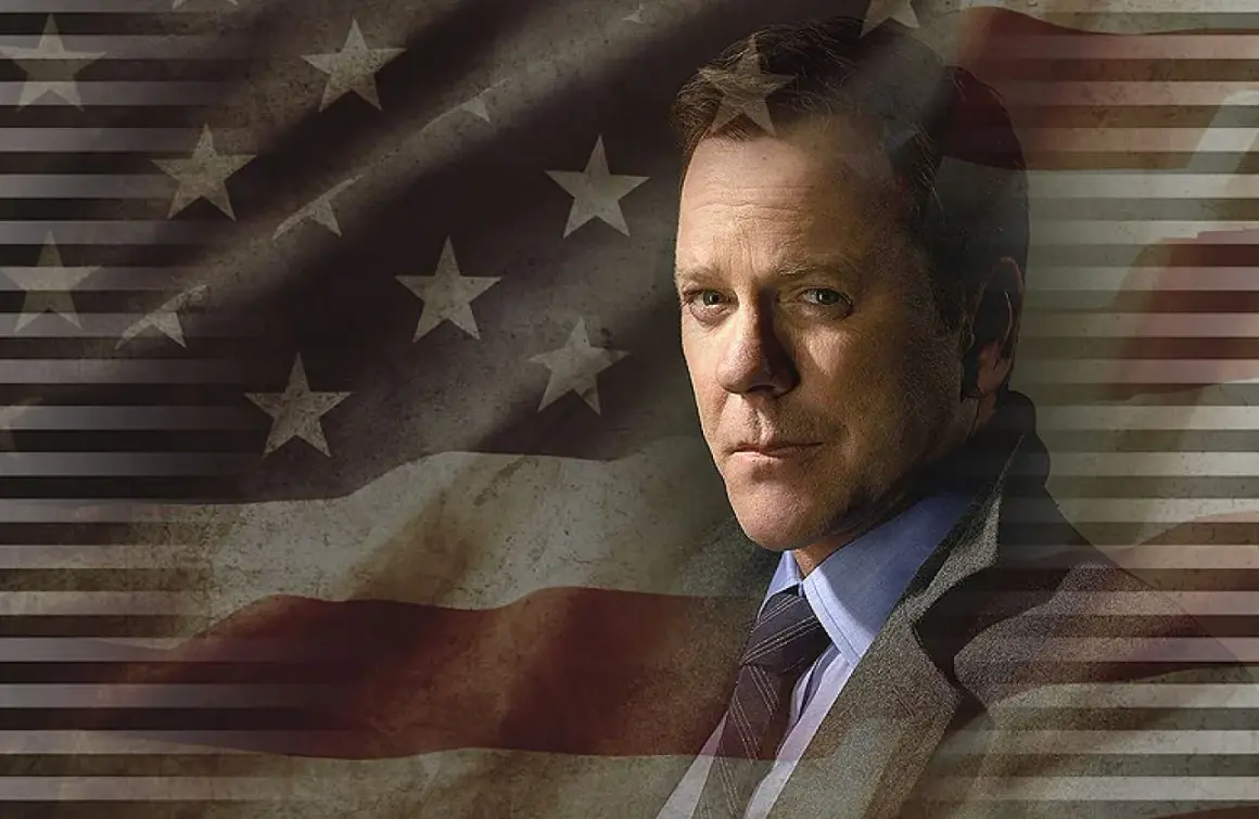 Kiefer Sutherland jako Tom Kirkman w serialu "Designated Survivor". Obsada serialu w tle z amerykańską flagą.