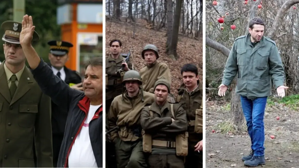 Trzy sceny z filmu: żołnierze w mundurach, grupa mężczyzn w lesie i mężczyzna w kurtce pod jabłonią.