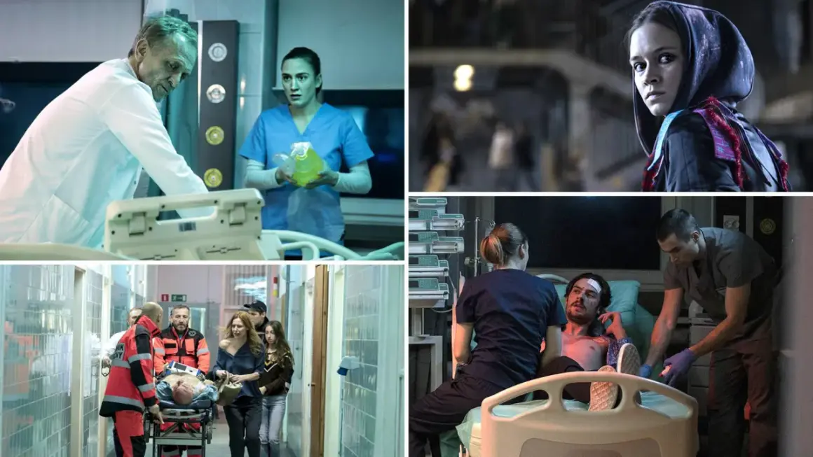 Sceny z serialu "Sortownia": lekarze i pielęgniarki w akcji, pacjenci na noszach, młoda kobieta w chustce.