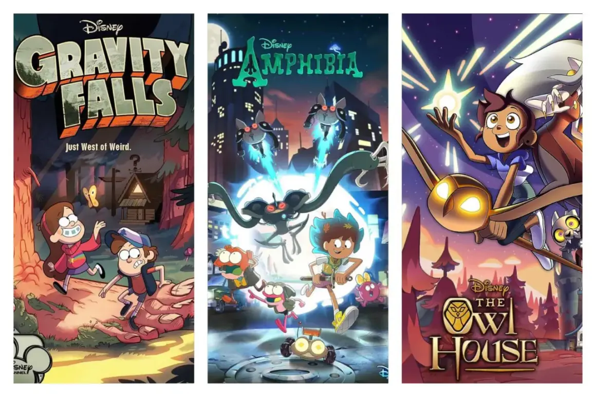 Plakaty seriali: "Gravity Falls" z Mabel i Dipperem, "Amphibia" z bohaterami w mieście, "The Owl House" z Luz i Eda.