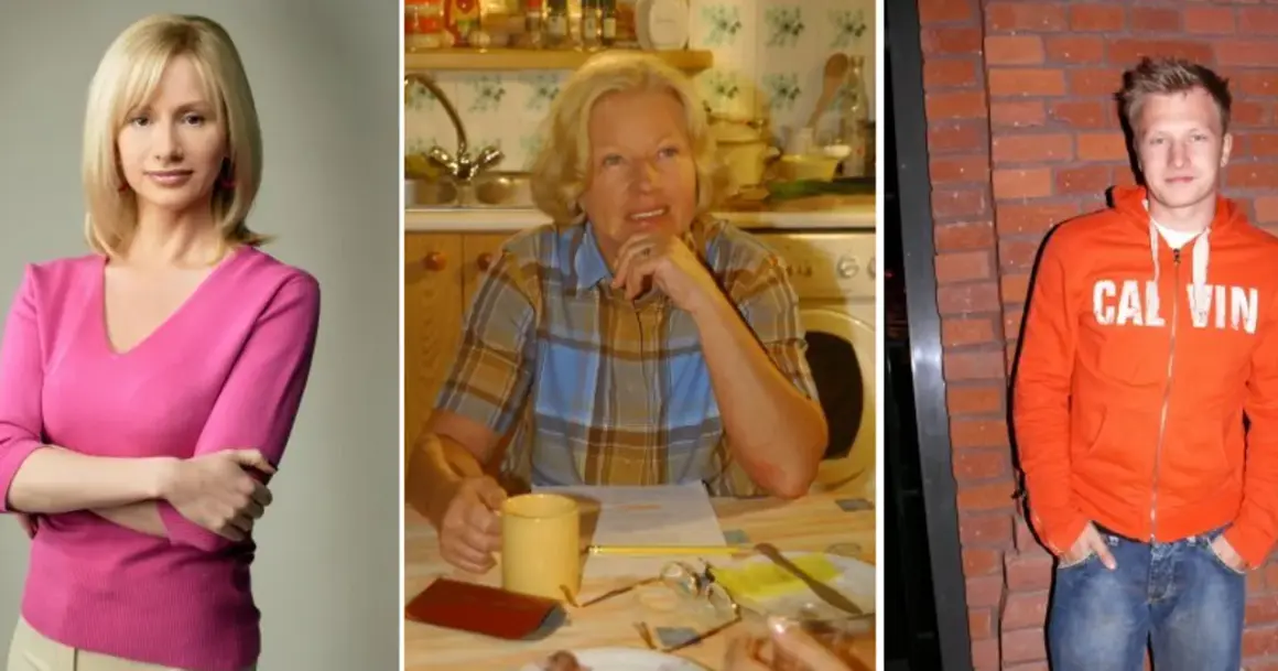 Trzy ujęcia: blondynka w różowej bluzce, starsza pani w kratę przy kuchennym stole, młody mężczyzna w pomarańczowej bluzie. Aktorzy na wspólnej scenie.