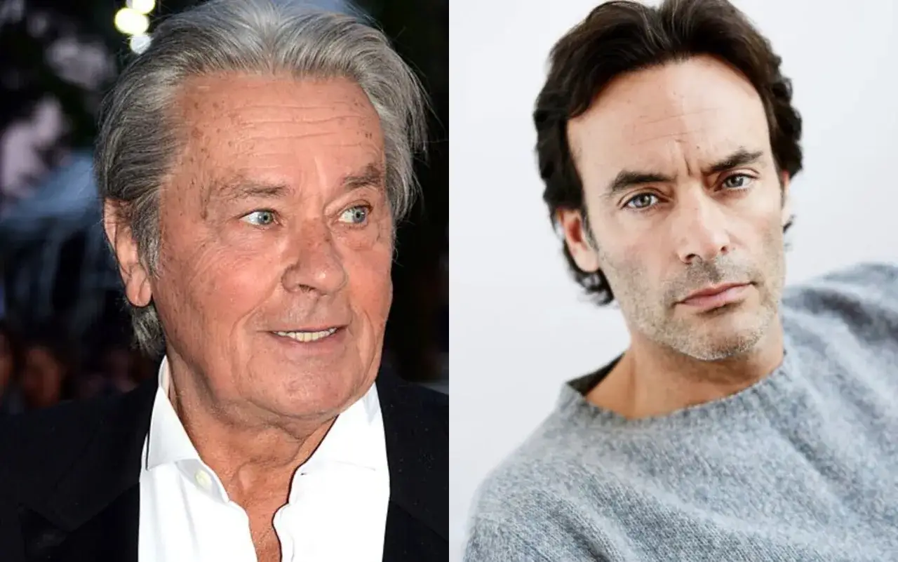 Alain Delon i jego syn Alain-Fabien Delon, dwaj aktorzy o podobnych rysach twarzy, prezentują swoje portrety.