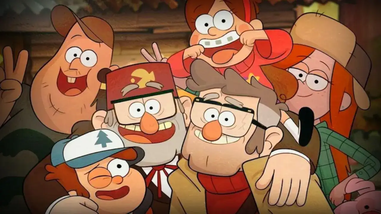 Uśmiechnięta rodzina z Gravity Falls robi sobie zdjęcie. Wszyscy są podekscytowani przygodami.