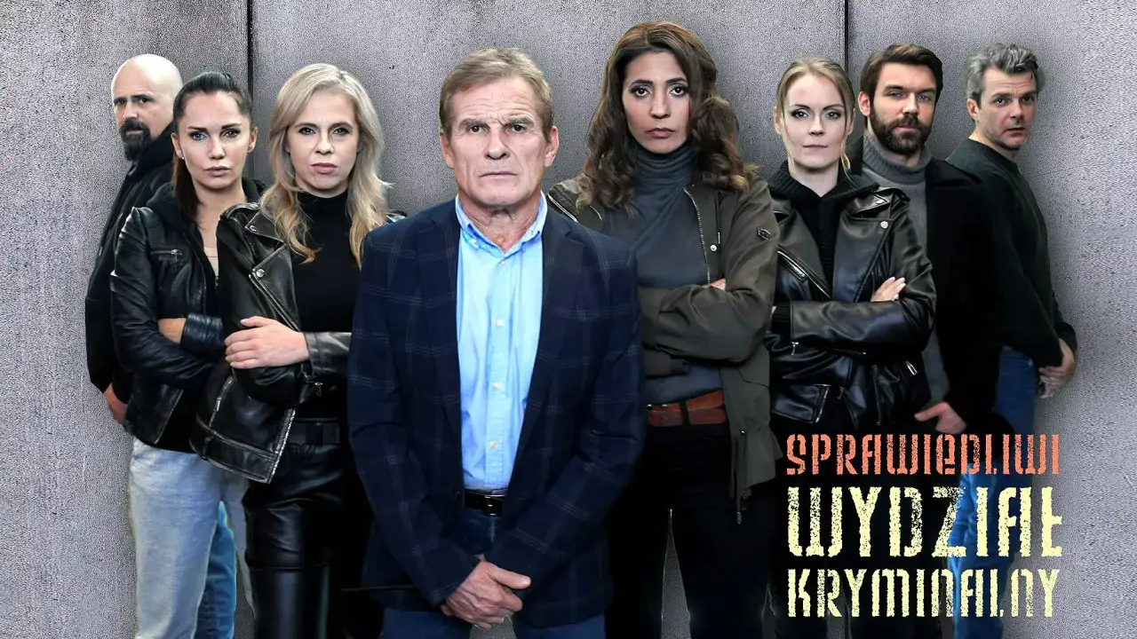 Sprawiedliwi Wydział Kryminalny: grupa aktorów w skórzanych kurtkach i marynarkach, gotowa do akcji.
