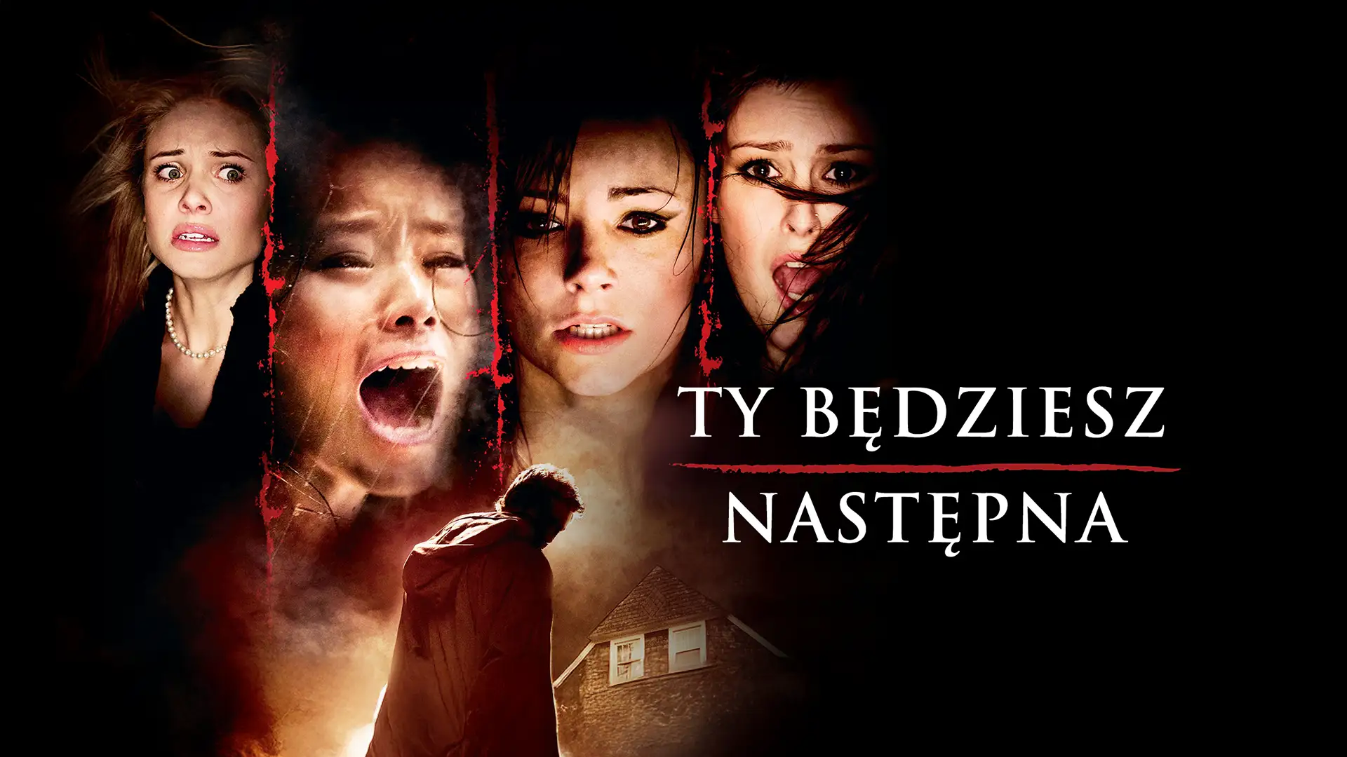 Cztery przerażone kobiety i dom. Napis 