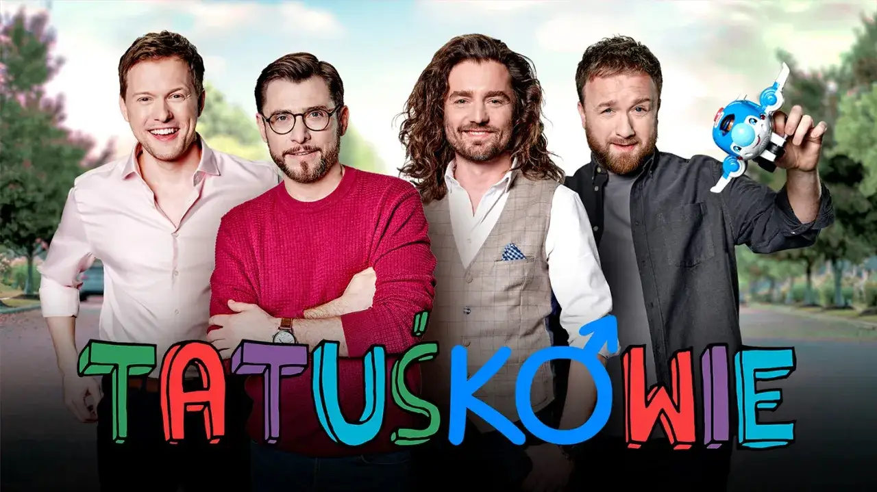 Tatusiowie serial obsada: czterech mężczyzn pozuje do zdjęcia. Jeden z nich trzyma zabawkę.