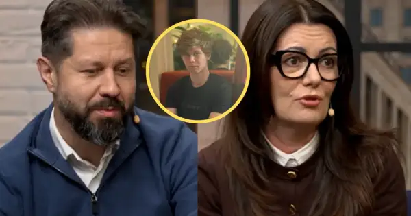 Damian Kret z rodzicami, na zdjęciu jego rodzice i on sam w okręgu.
